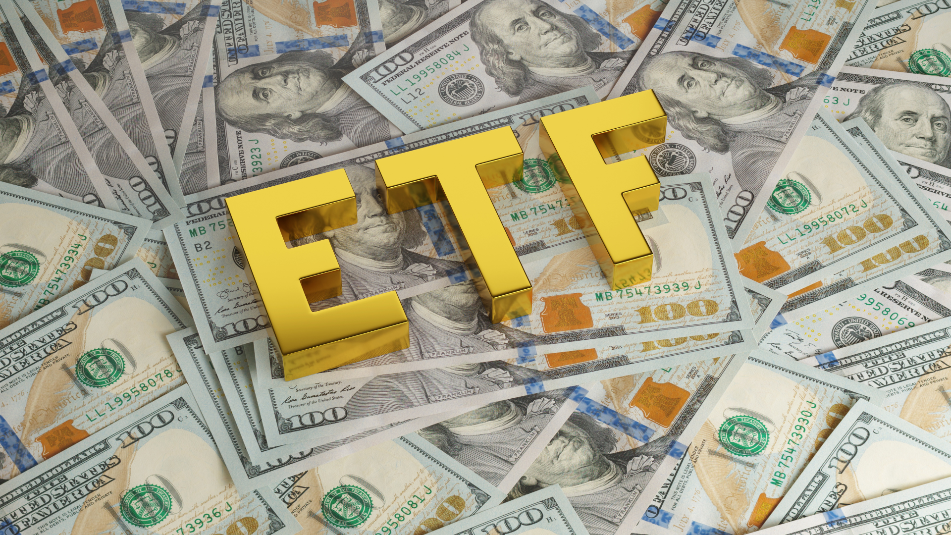 ETF Solid Word on Dollar Bills